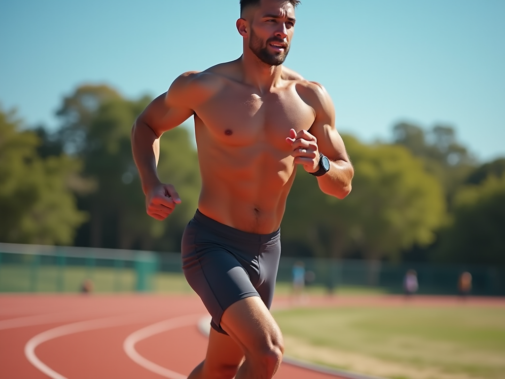 Umieśniony mężczyzna biega na torze lekkoatletycznym. Noszona jest zegarek sportowy.