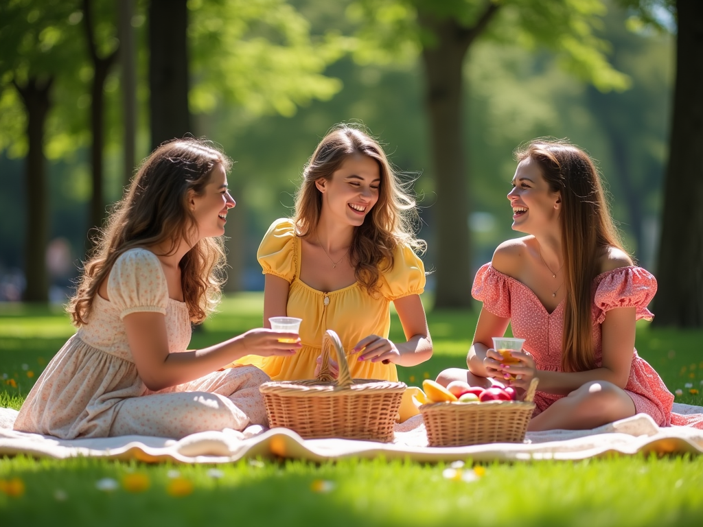 Trzy kobiety piknikują na trawie w parku, śmieją się i rozmawiają, mają kolorowe sukienki.