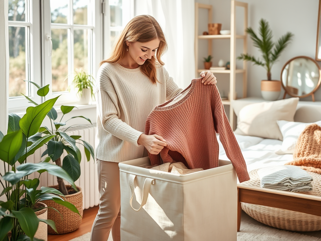 Kobieta w jasnym swetrze wyjmuje sweter z kosza na pranie w przytulnym wnętrzu z roślinami.